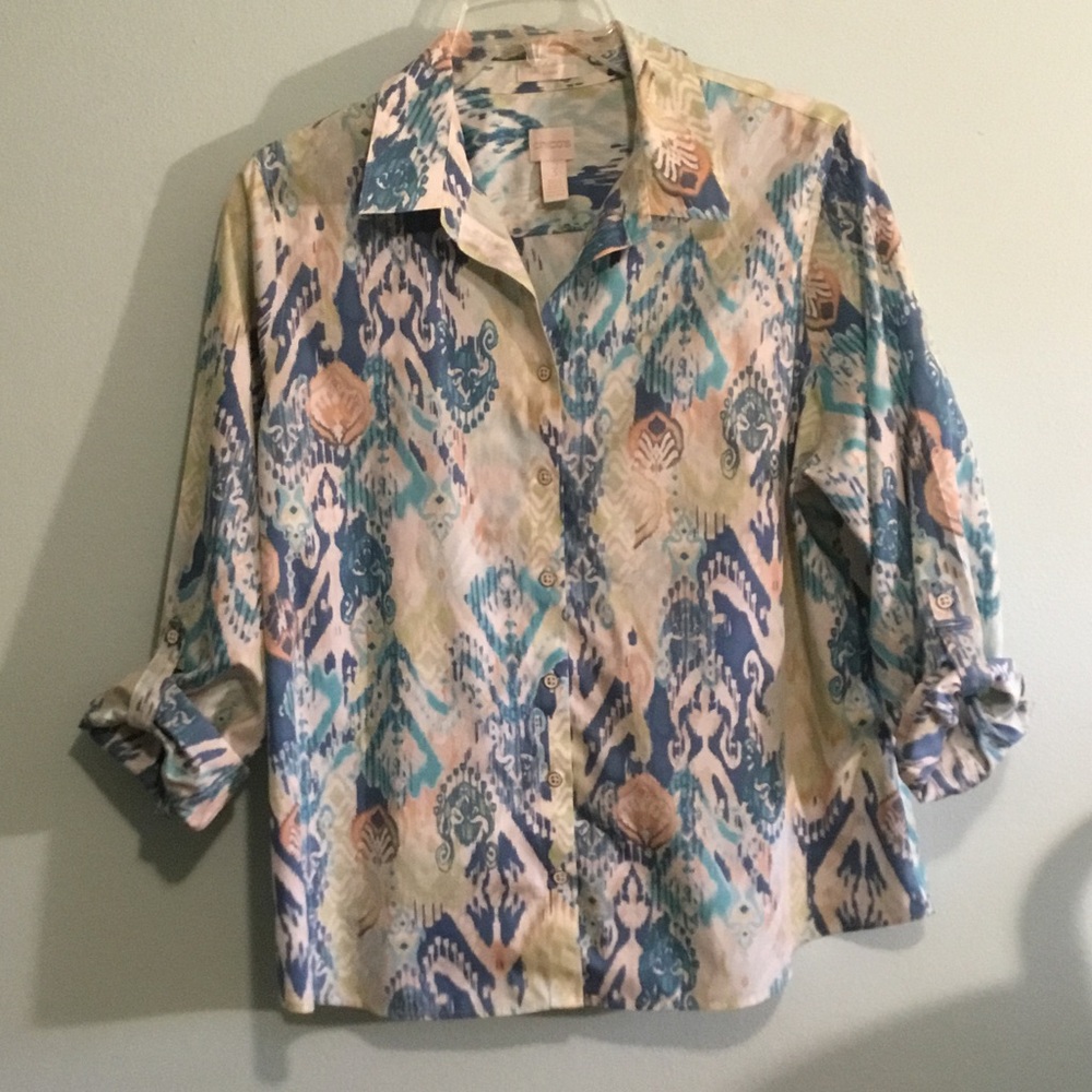 Chico's Ikat-Print Button-Front Shirt in Blue, Cream & Teal